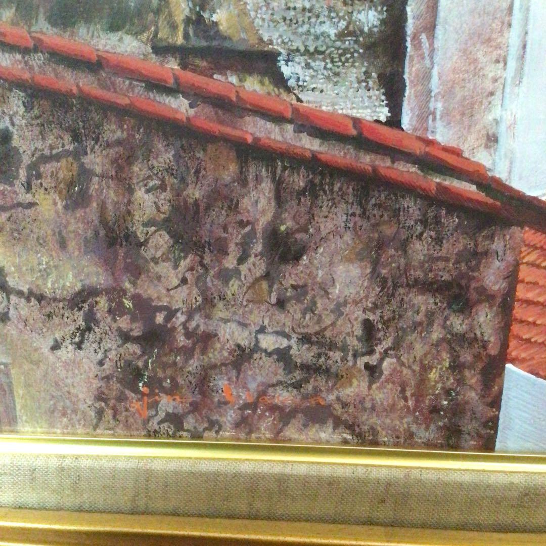No2758 額装 井阪仁 「赤い屋根の風景」 黄袋共箱 日本画 琳派 送料