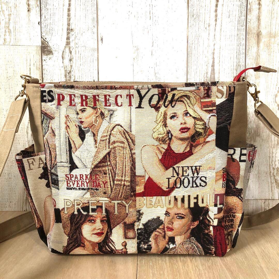 ショルダーバッグ ハンドメイド デニムリメイク キャメル×レッド【新品