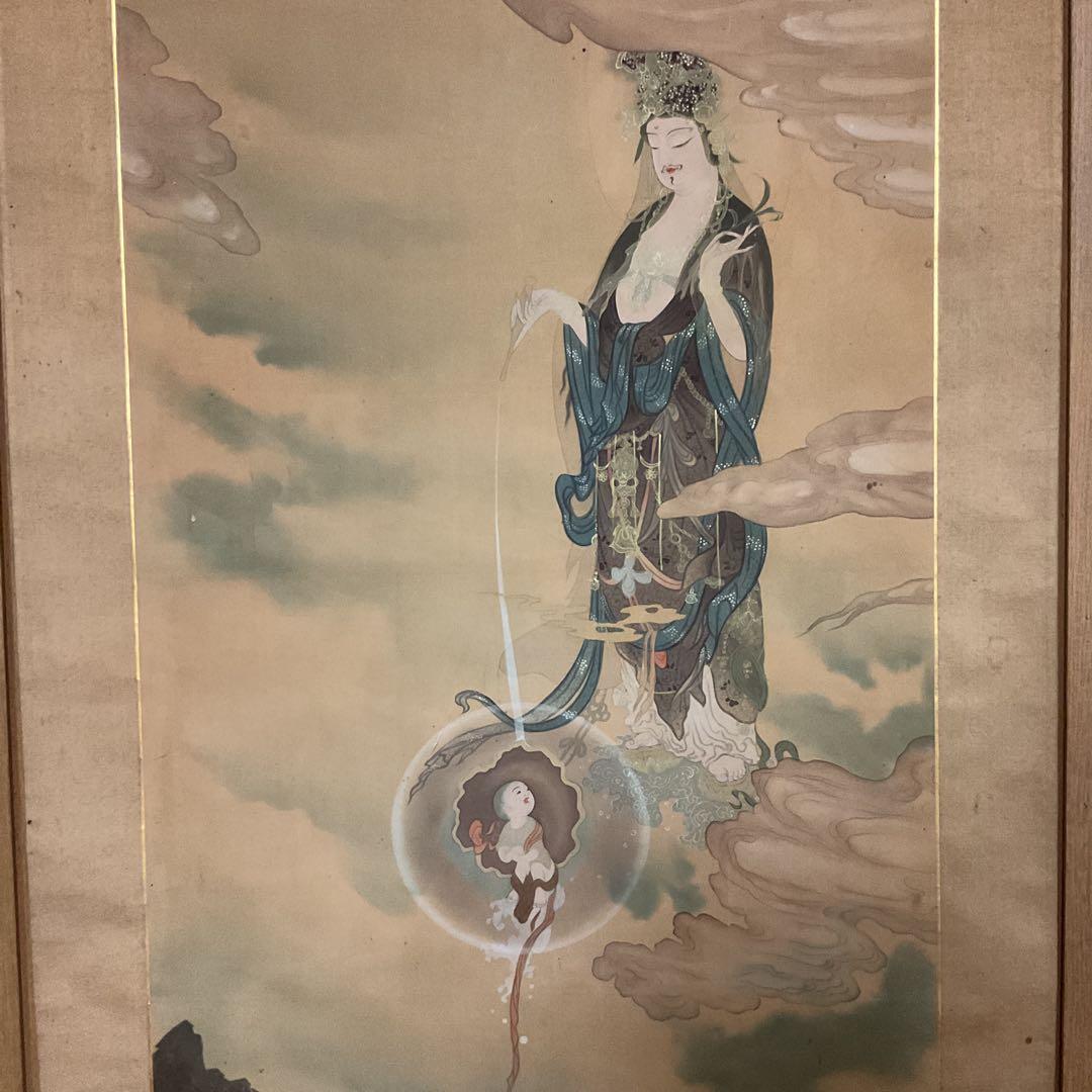 狩野芳崖 絹本彩色画 【 悲母観音図 】 未鑑定品。肉筆画 模写。落款印譜在 狩野芳崖 絹本彩色画 【 悲母観音図 】 未鑑定品。肉筆画 模写。落款