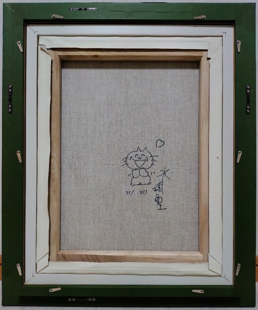 F6号】水森亜土 手描き作品/表裏サイン・裏描き有/油彩/アクリル/額縁