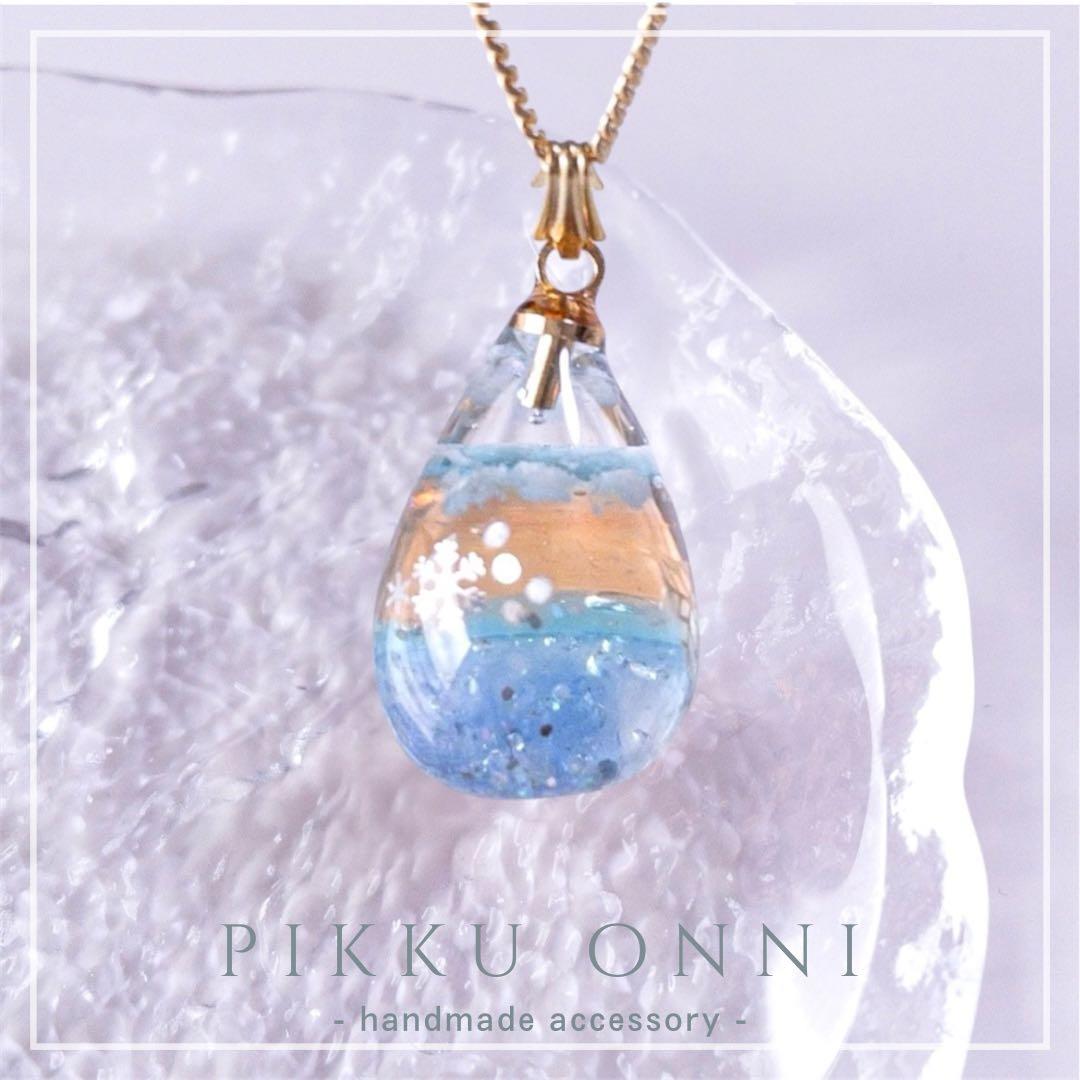 夕暮れの冬空×雪の結晶❄︎冬限定デザイン しずく型 ハンドメイド