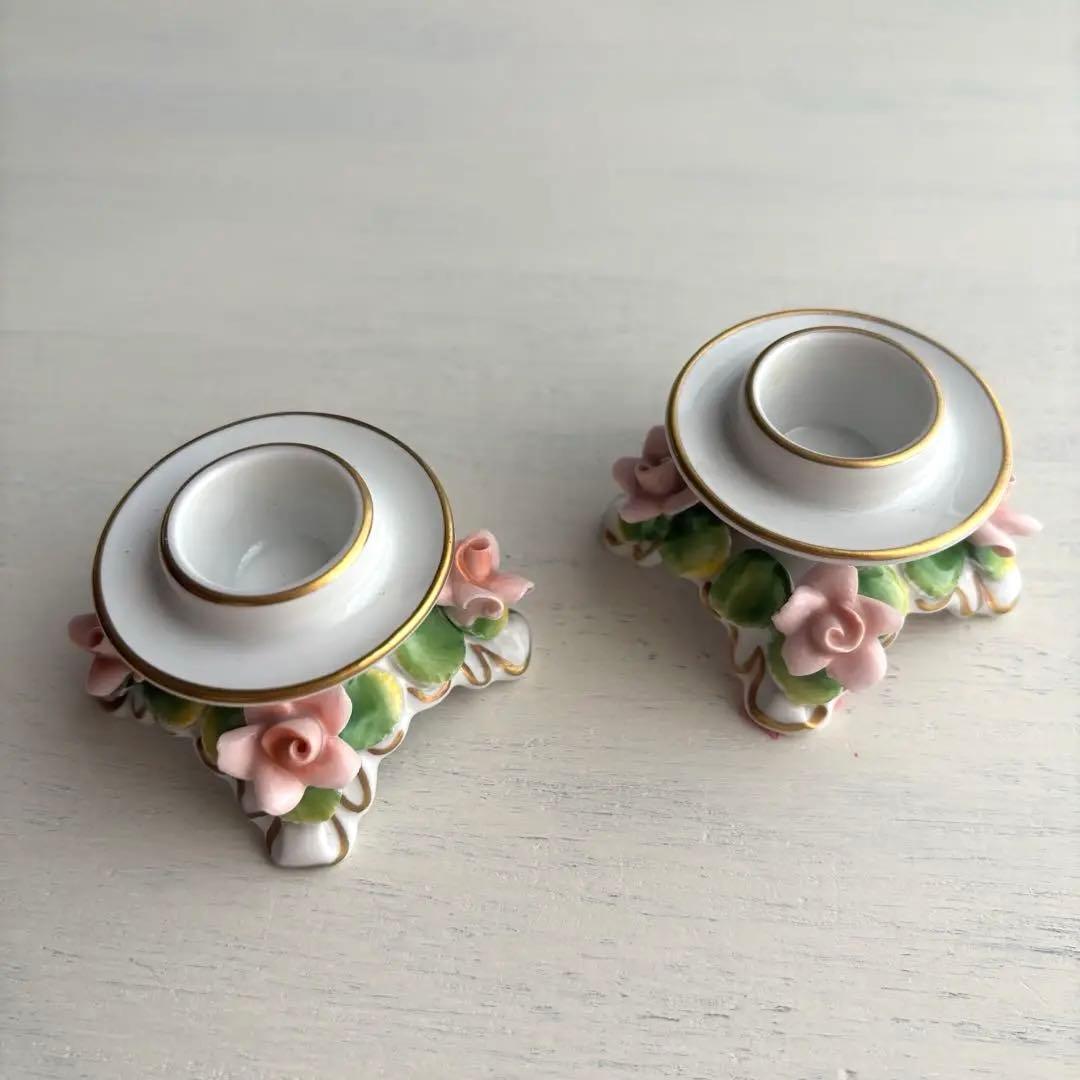 美品】西ドイツ Dresden 陶磁器 バラ キャンドルスタンド ピンク 金彩