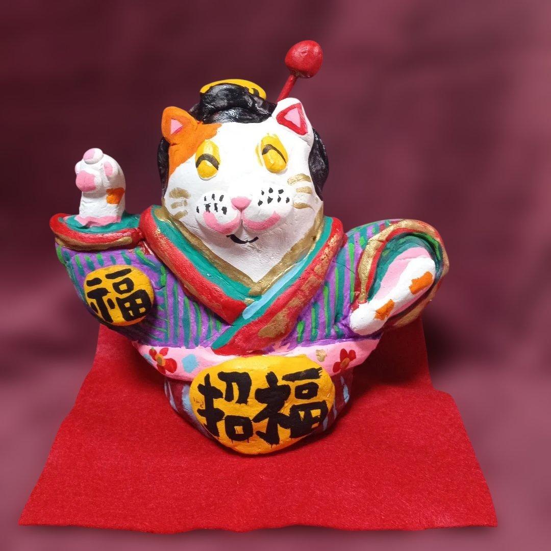 招き猫 「猫のお多福さん」縁起物 ハンドメイド一点物 置物 - メルカリ