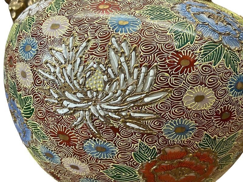 専用 九谷焼 金彩色絵 花尽し 花詰文 獅子摘 金襴手 大香炉 約46cm