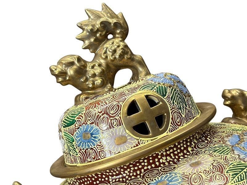 専用 九谷焼 金彩色絵 花尽し 花詰文 獅子摘 金襴手 大香炉 約46cm