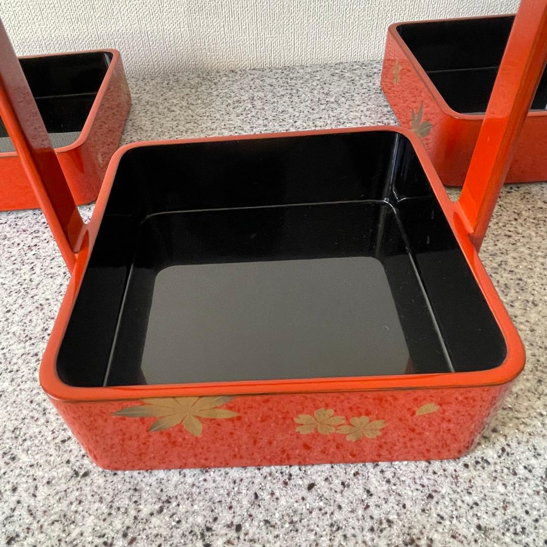超美品 漆器 輪島塗 手提重 朱色 もみじ 桜 3段 重箱 お祝い ひな祭り