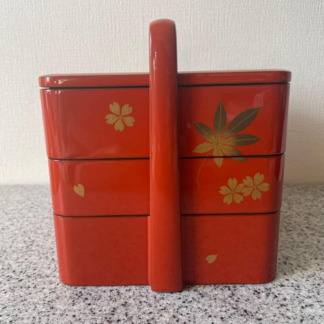 超美品 漆器 輪島塗 手提重 朱色 もみじ 桜 3段 重箱 お祝い ひな祭り