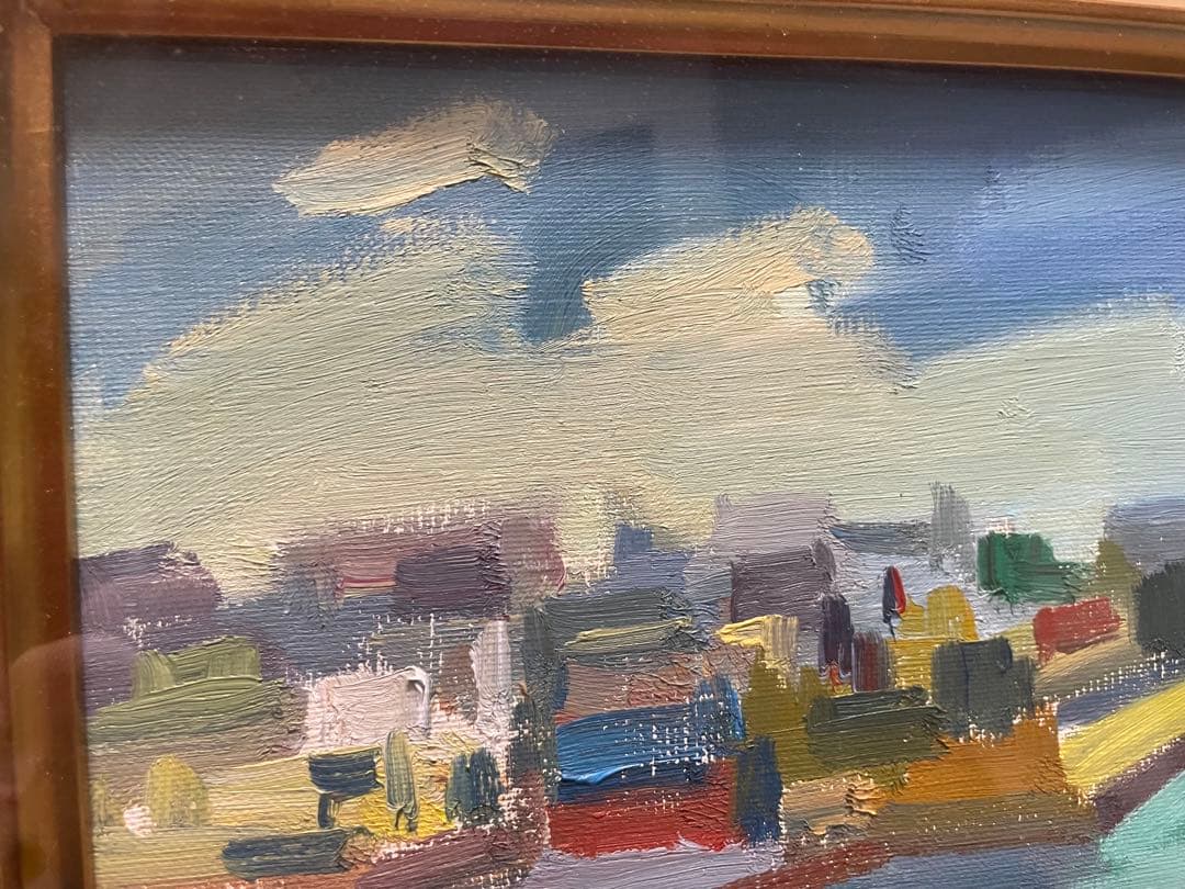 真作】須賀卯夫「TUDOR CITY」油彩画 F8号 ニューヨーク風景 額装
