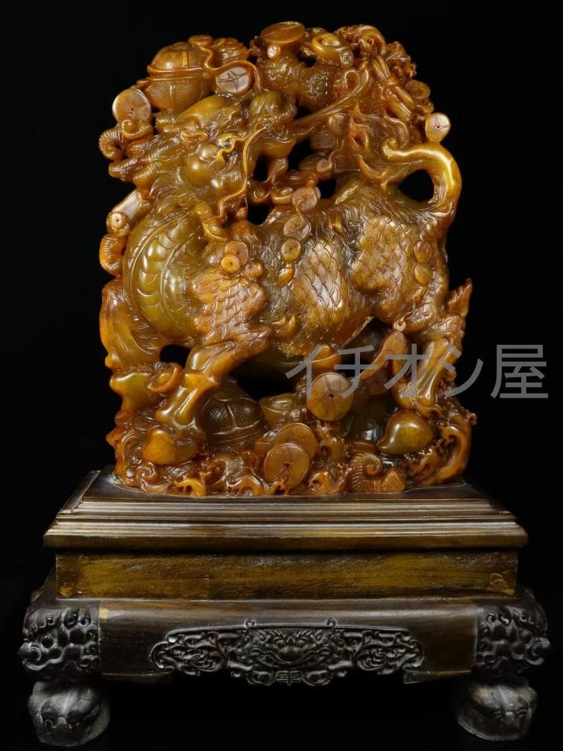 中国古美術 寿山石 呉昌碩作 龍鳳呈祥 置物 細密彫 賞物 名家作 書道具