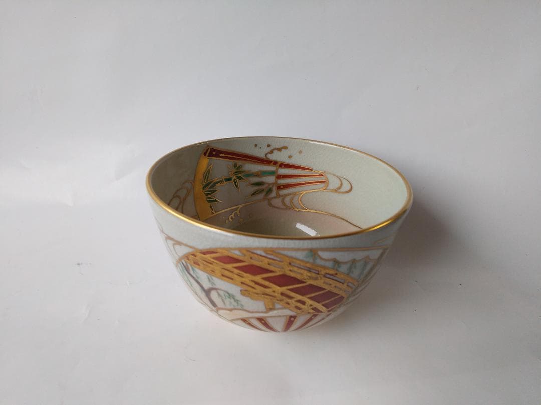 京焼 松香窯 加藤松香 作 仁清 扇面流し 共箱 茶道具 抹茶碗 新品 未