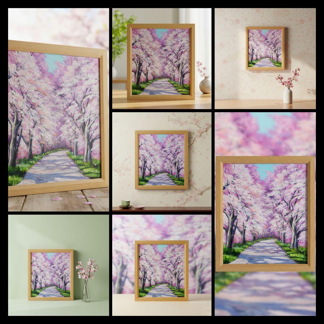 油絵 絵画【満開の桜のトンネル】原画 額縁付き 春の風景画 ギフトにも