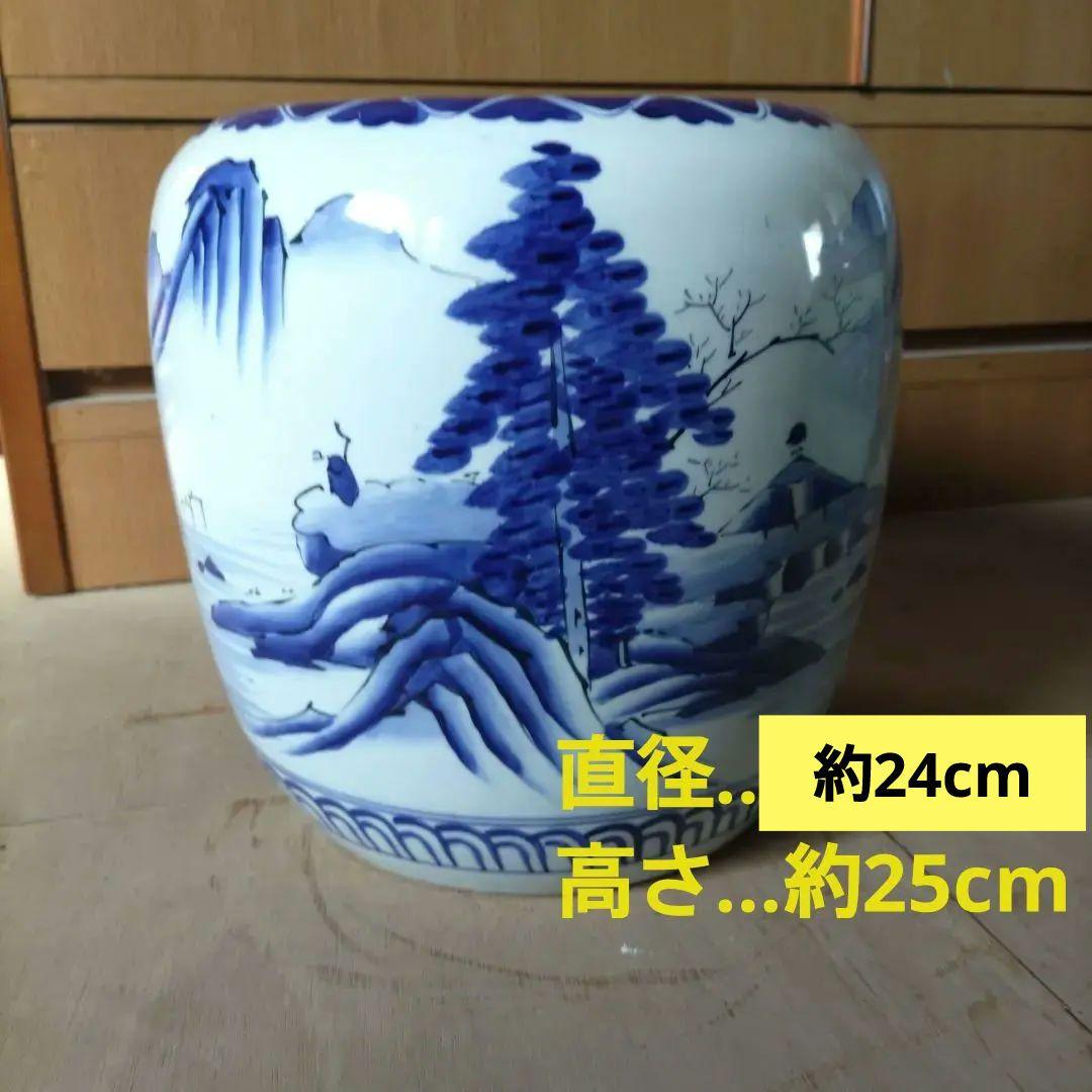 青と白の陶器製火鉢 山水画 染付 アンティーク インテリア - メルカリ
