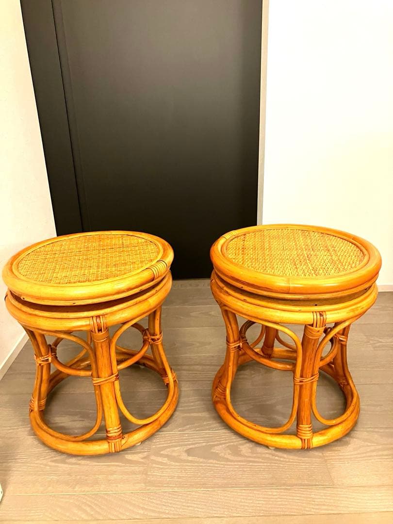 良品 天然ラタン 回転スツール2脚セット 昭和レトロ 丸椅子 椅子 ヴィンテージ 藤 ラタン スツール 2脚セット 丸椅子 昭和レトロ 椅子 ヴィンテージ