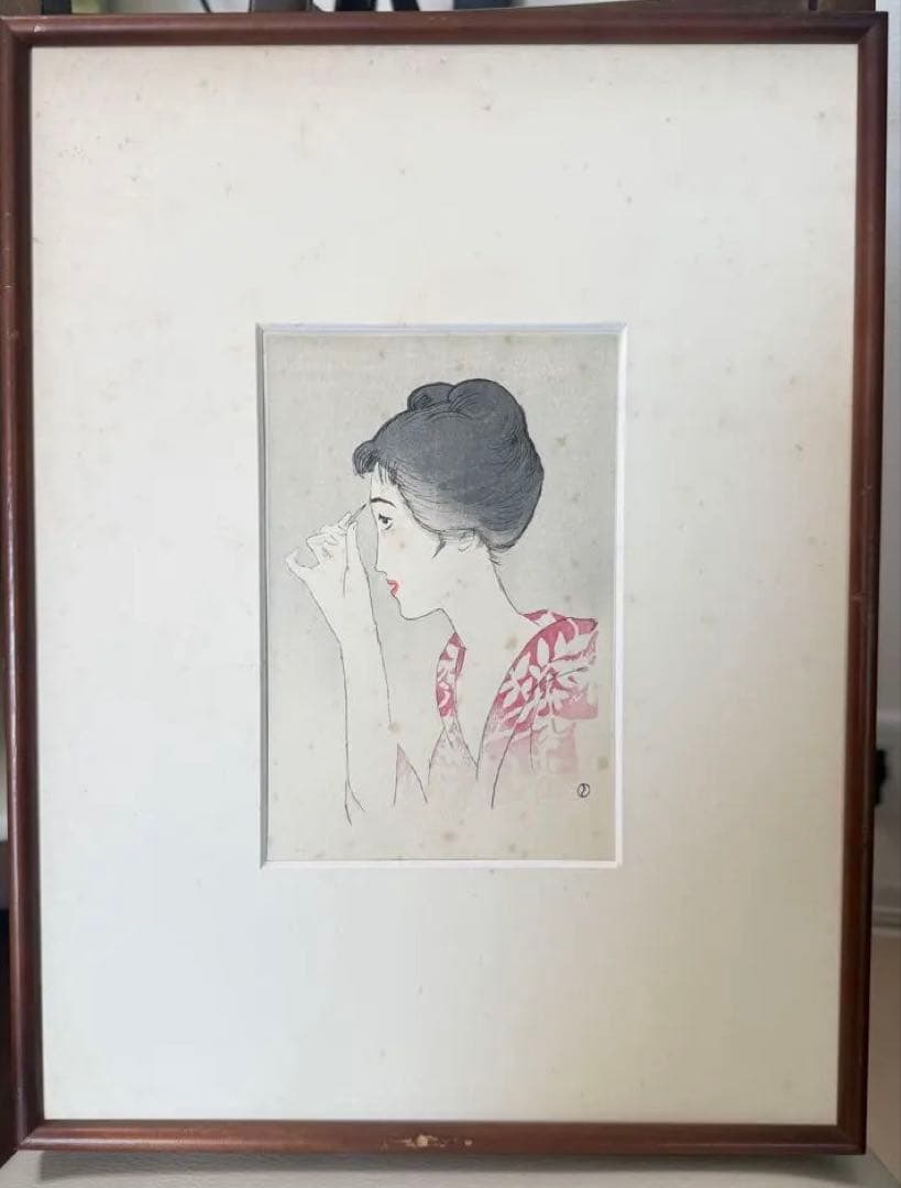 竹久夢二　木版画【眉をかく女】　送料込み0120 木版画「眉をかく女」