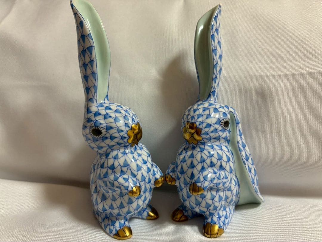 ヘレンド HEREND うさぎ ペア フィギュリン ブルーフィッシュネット金彩