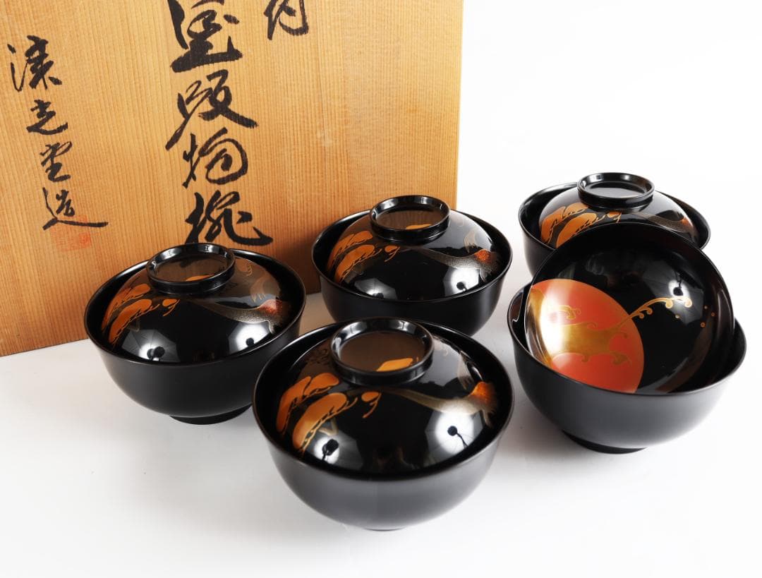 輪島塗 漆光堂 老松 旭日 見返り日の出 蒔絵 吸物椀 五客 共箱 漆器 天然木製漆塗 輪島塗 梅蒔絵 吸物椀 5客セット 蒔絵師信斎 塗師静峰