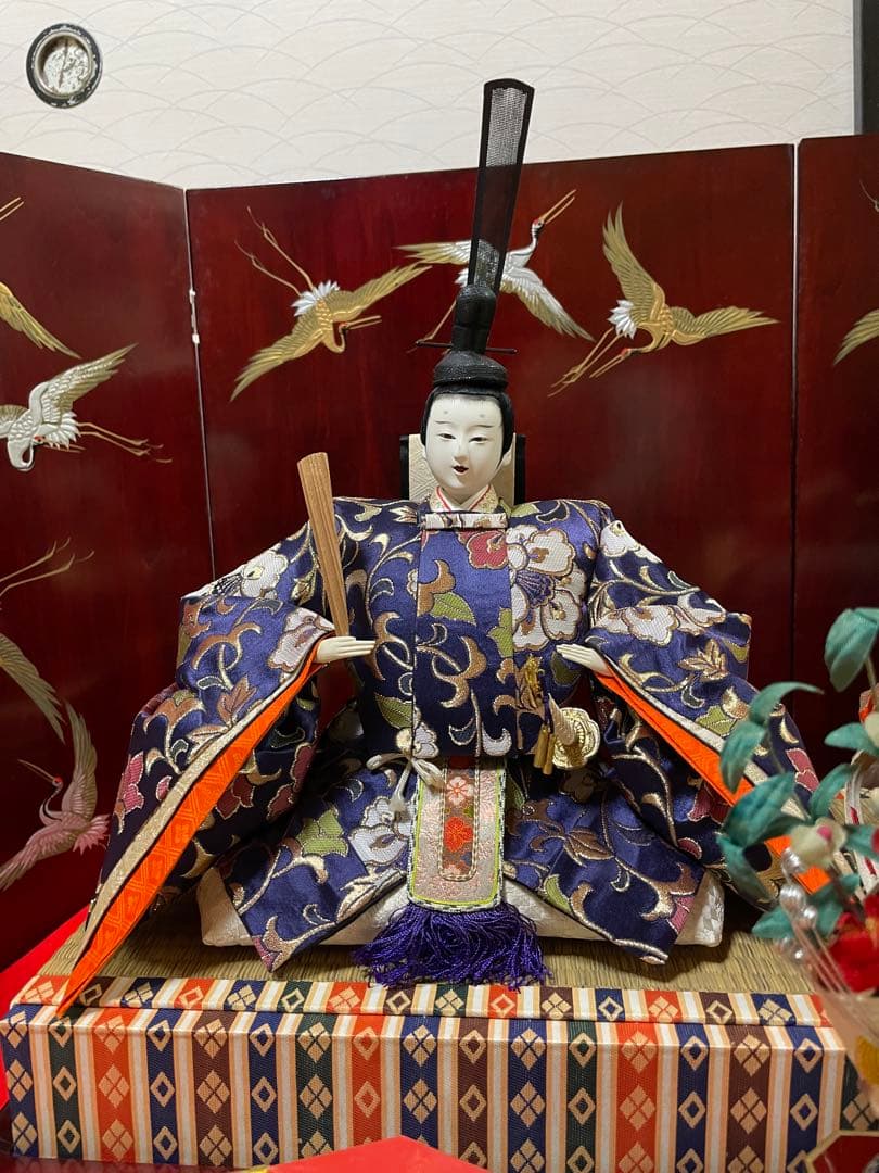 値下げしました】天陽作 雛人形セット 珍しい木製漆塗りの鶴の屏風付き