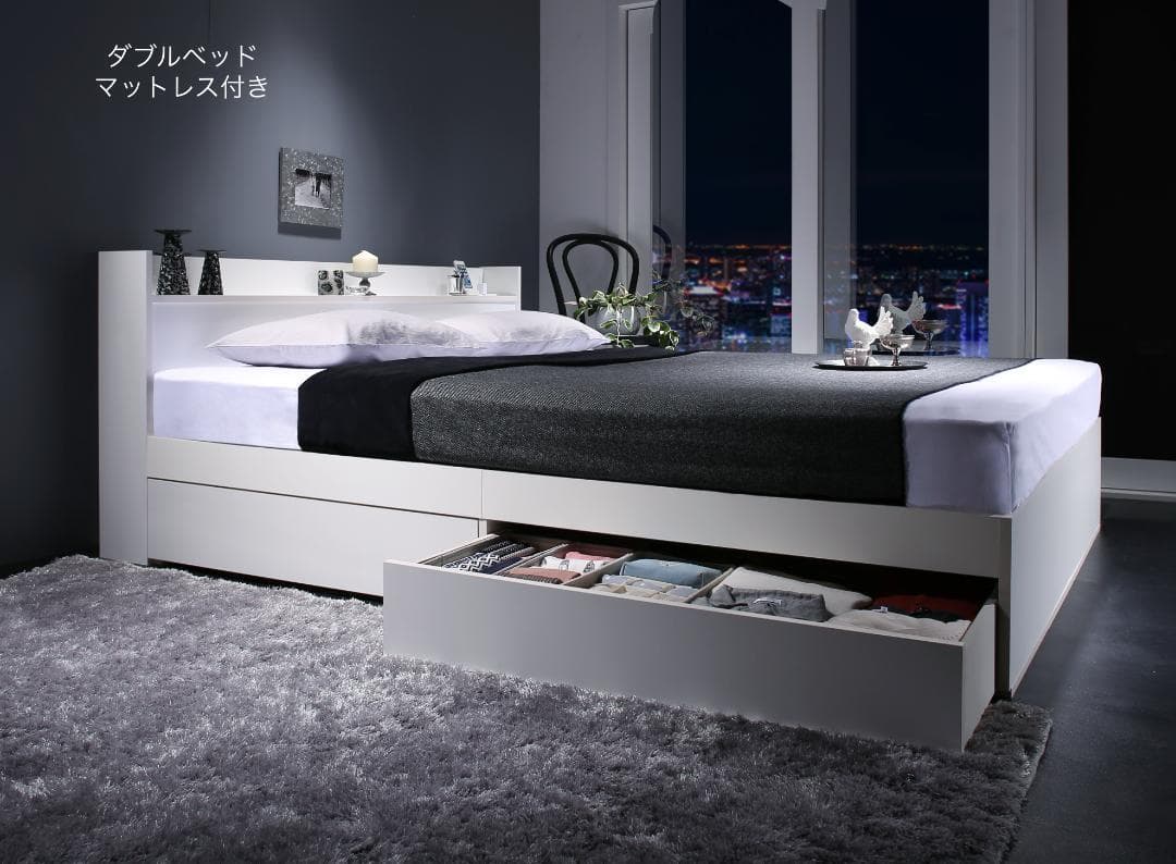 新品 送料込 ダブルベッド 収納 棚 2口コンセント マットレス付 db ベッド 収納 ダブルベッド フレームのみ 収納付き USBコンセント付き