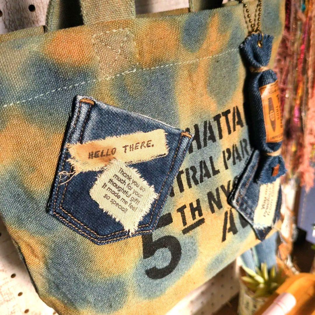 竜そば様専用］デニムリメイク☆バッグチャーム付手染めミニトート