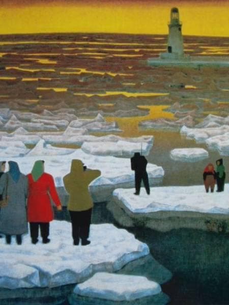 本間莞彩、【夕陽の北海】、希少な大判額装用画集より、美品、日本人