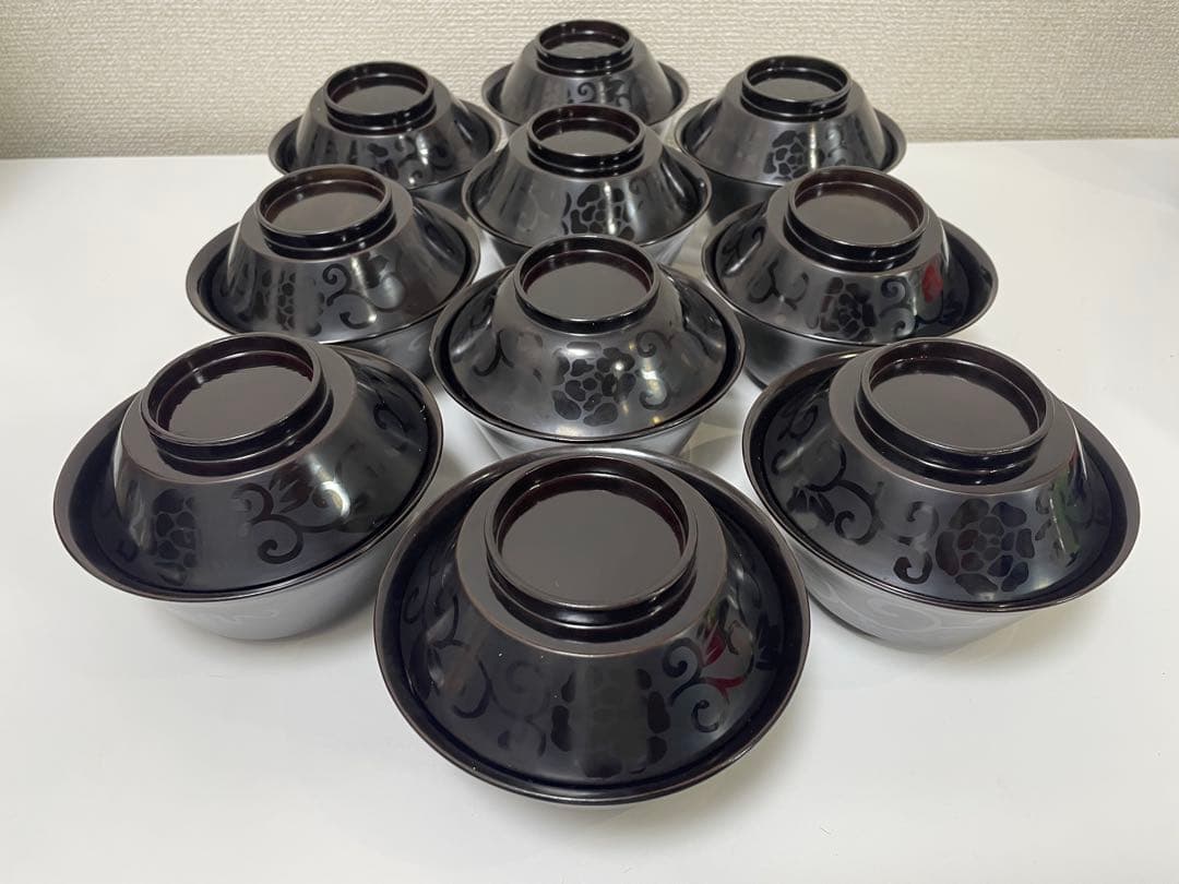 黒漆器 黒漆 内黒塗 漆器 吸物 懐石椀 煮物椀 10客 唐草柄 アンティーク mj-41g-67-04-b.jpg