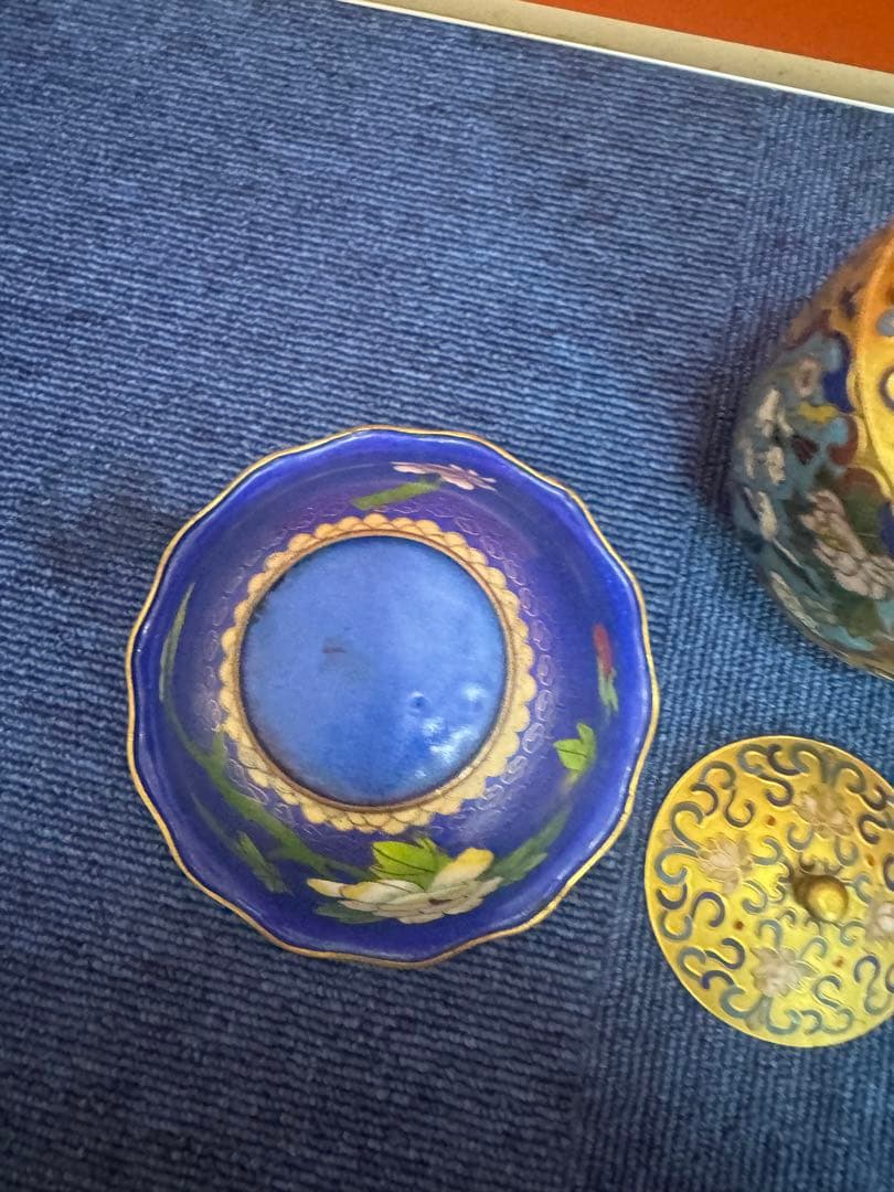 1852 七宝焼 景泰藍 工場 碗1客 茶入1客 フクロウ1客