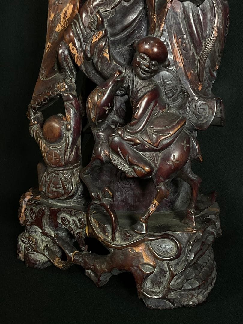時代木彫 桃仙人 寿比南山 福如東海 寿老人 置物 中国美術 高さ約62cm