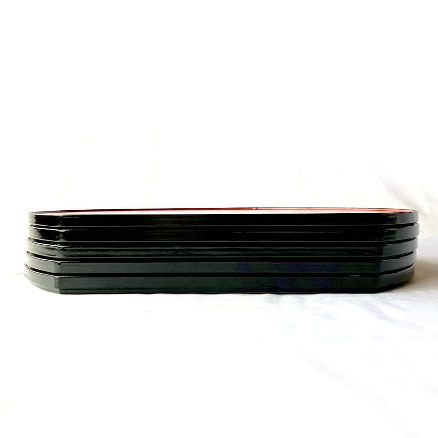 【天然木・特大】漆器 半月盆 5枚セット 38.5cm 朱色（裏面：黒）