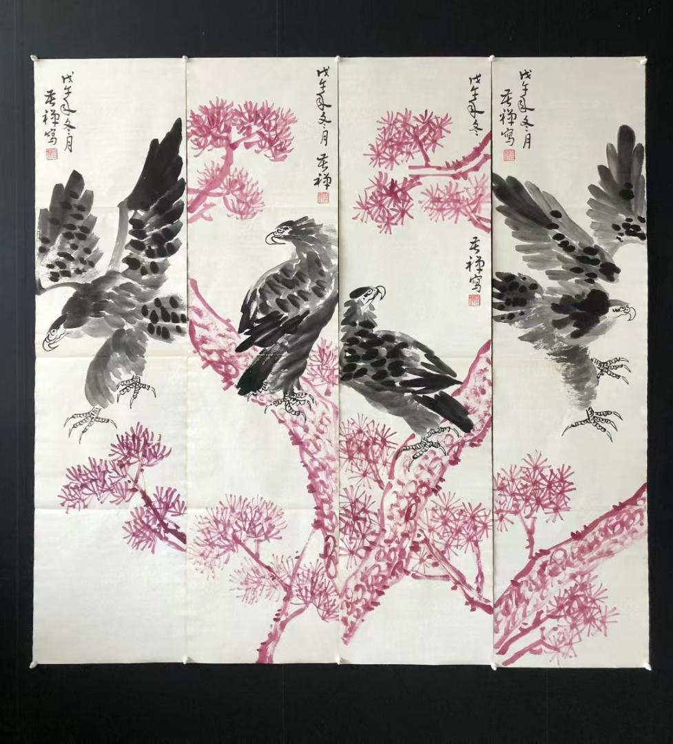 中国古美術・純手描き・四条屏・鹰画芯・国画・李苦禅印款・肉筆・宣紙・文房置物 李苦禅笔下最贵的鹰都有哪些！-名人字画网
