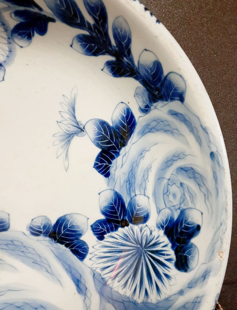 大名品】江戸末期～明治初期 古伊万里 染付 菊花に蝶の図 特大38.1cm大