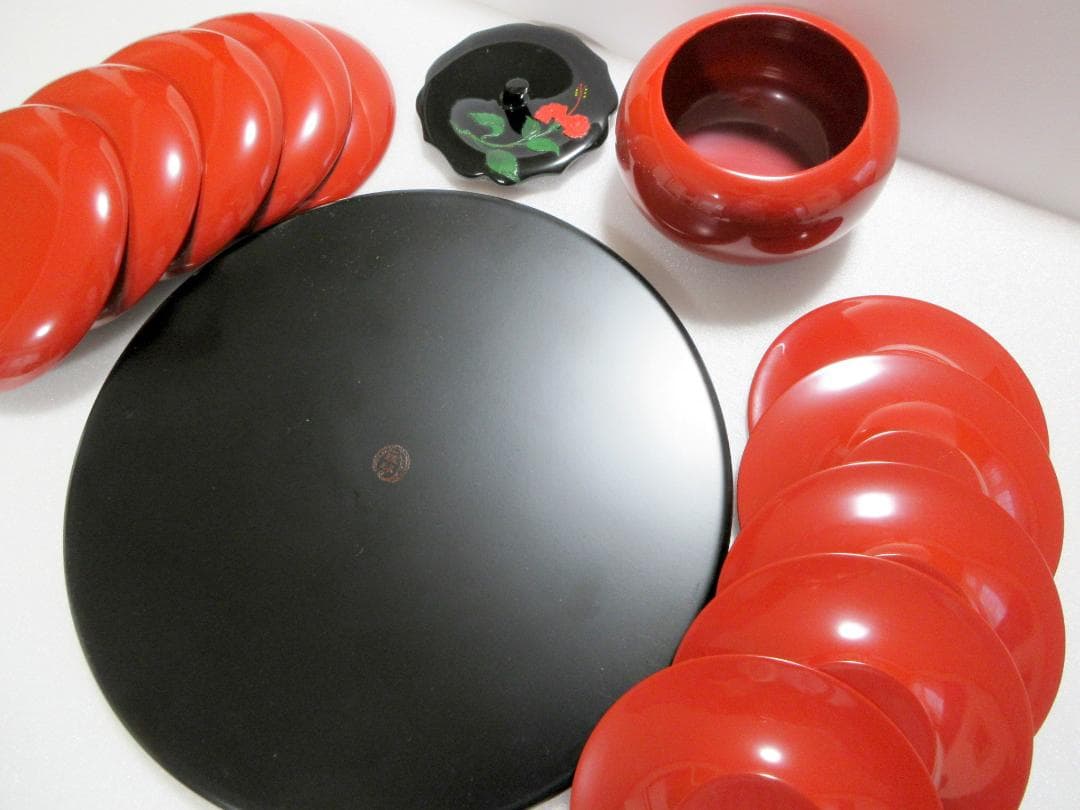 美品】琉球漆器 菓子器 銘々皿 茶托 丸盆 計12点まとめて / 沖縄伝統