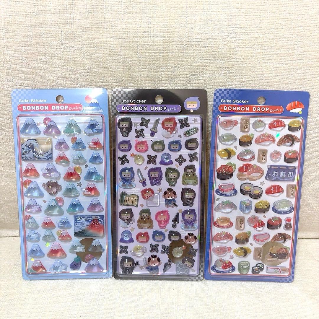 正規品 和柄 富士山 お寿司 忍者 ボンボンドロップシール 3種セット