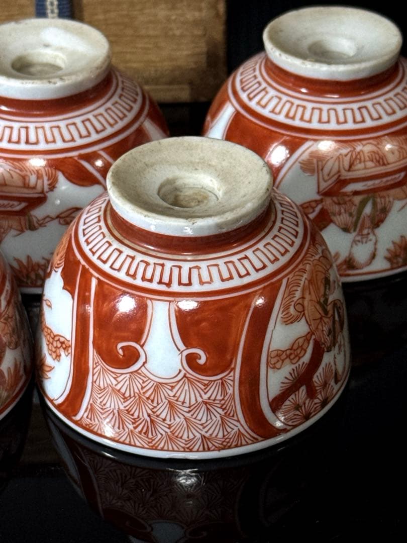 江戸期 湖東焼 赤絵金蘭手 窓絵人物図 煎茶碗 5客茶道具