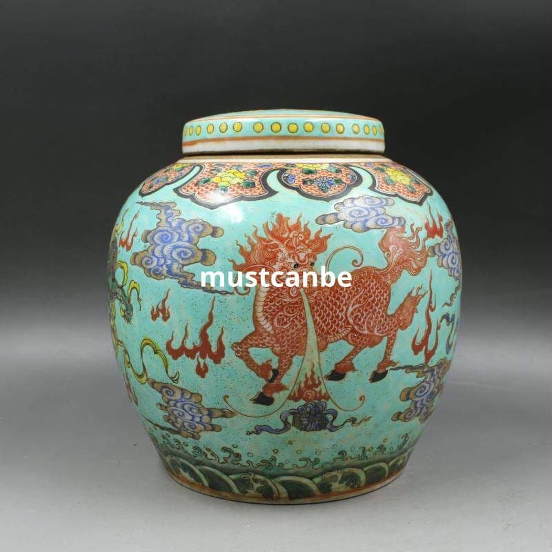 清康熙緑地パステル彩キリン紋壺 景徳鎮 装飾品 現代工芸品 美術品