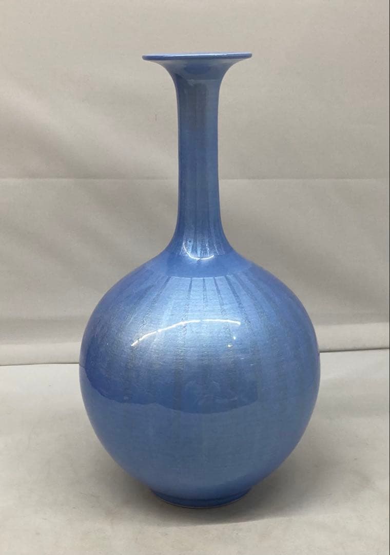 B474s「淡青釉裏銀彩 花入」中田一於作 共布共箱 九谷焼 師-3代徳田八