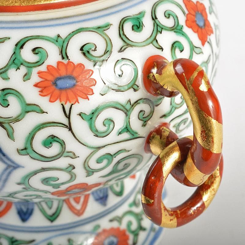 篩月庵 三浦竹泉造 赤絵金彩 花唐草龍文 双耳遊環香炉 共布共箱 J