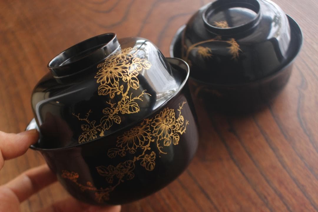 時代逸品！端正な時代黒漆に極上菊蘭蒔絵の映える四つ椀（検懐石道具
