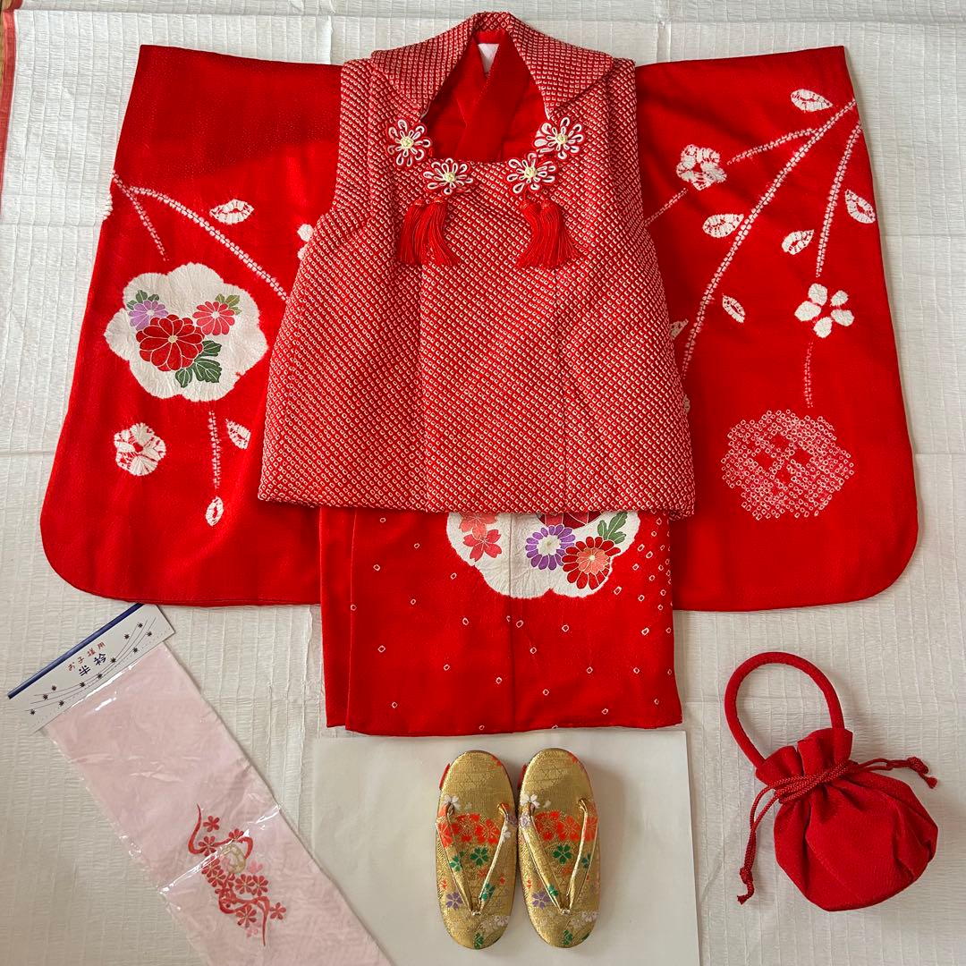 七五三 3歳 フルセット 着物 753 絹 被布 総絞り 三歳 赤 草履 刺繍 七五三 着物レンタル 3歳 753 女の子 フルセット 被布 【正絹】赤 総