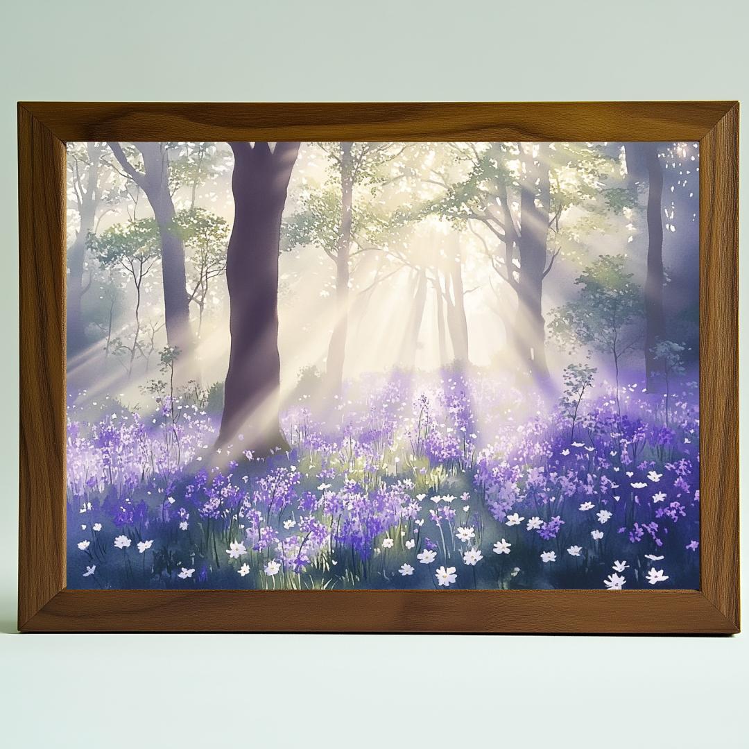 A4 霧に光がさす林と咲き乱れる紫と白の花々の水彩画アート 神秘的