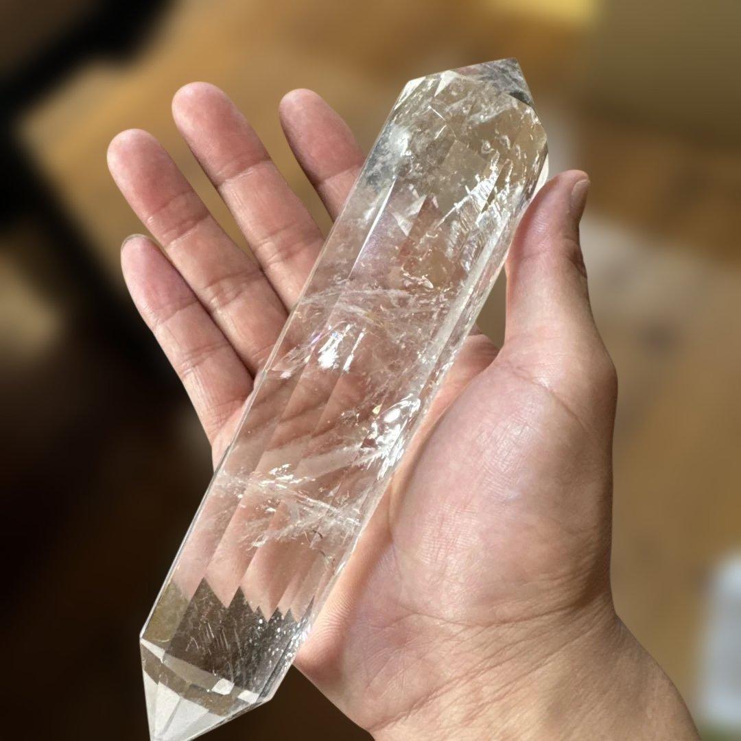 高品質 水晶ポイント 12面カット 台座付 ダブルポイント天然水晶の通販