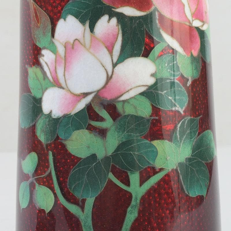 七宝焼 赤透釉 花文 花瓶 唐木台付 共箱 V 9731