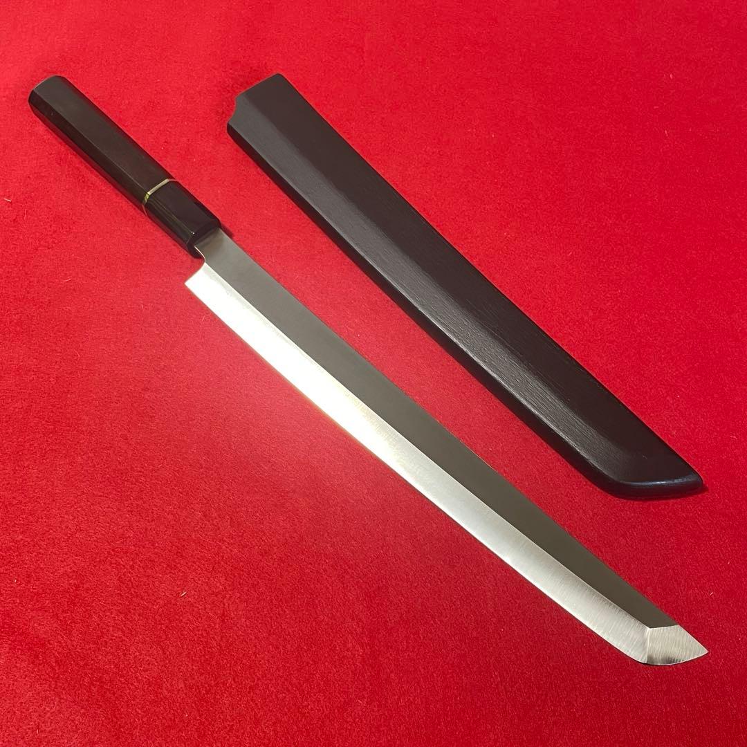 先丸柳刃　本焼　八角柄　黒檀 柳刃包丁 本焼 一尺 平鏡面 黒檀柄 黒檀鞘・箱付 KN02-A10294-2L2B