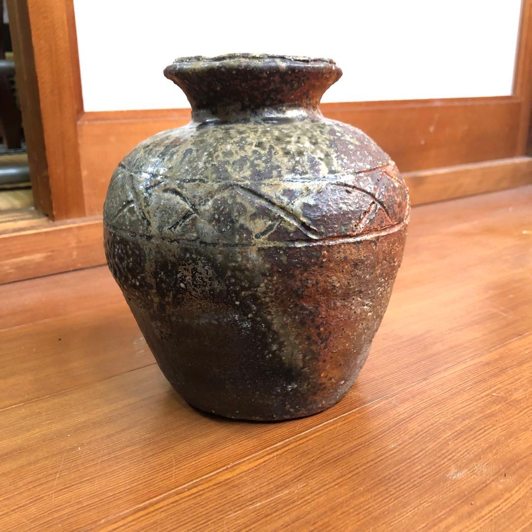 骨董品 手彫り模様茶色緑色グラデーション壺 花道茶道水差し 作家物
