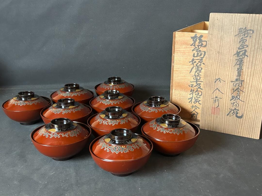 輪島塗 唐草蒔絵 栗色黒塗 天然木 吸物椀 10客 共箱 茶懐石道具 987