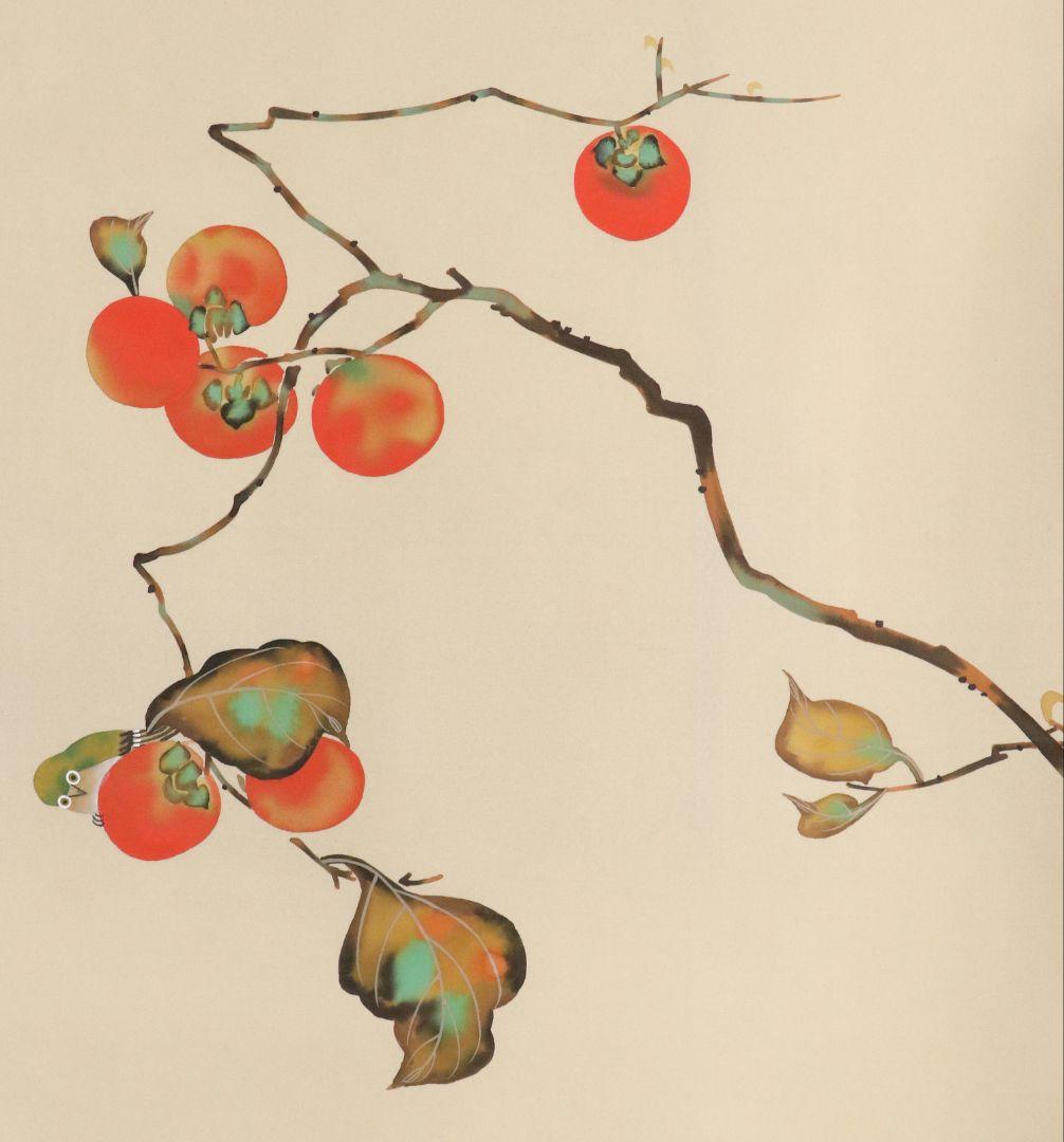 複製】工芸画 酒井抱一「柿に目白図」絹本 掛軸 日本画 鳥 MA448