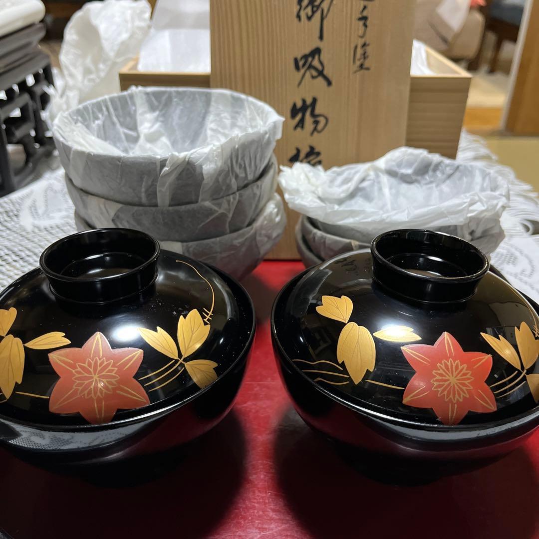 お値打ち 越前塗 越前漆器 お吸物椀5客 手書き金蒔絵 本漆手塗り 未
