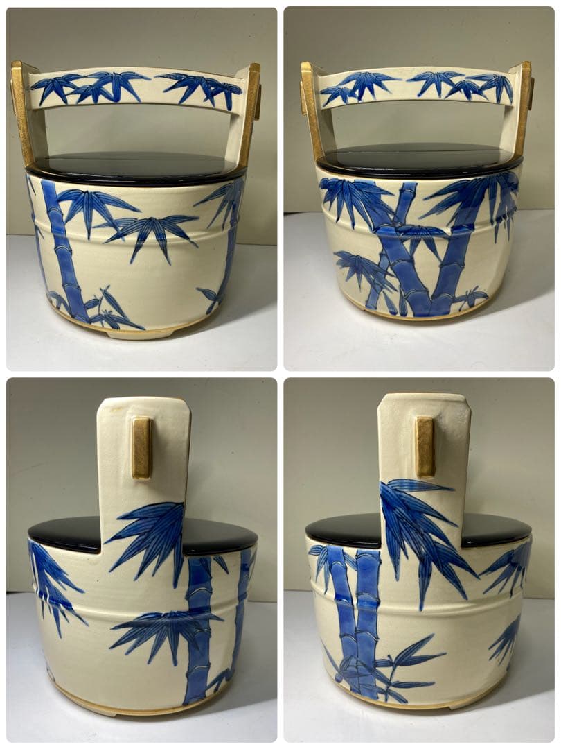 茶道具】玉堂造 色絵竹手桶水指（共箱）塗蓋 表完造