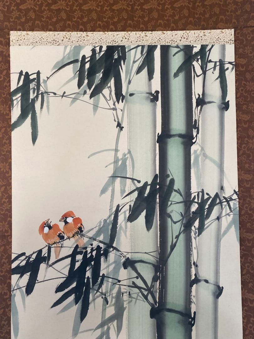 中国絵画 竹と小鳥の水墨画 掛軸 中国掛軸