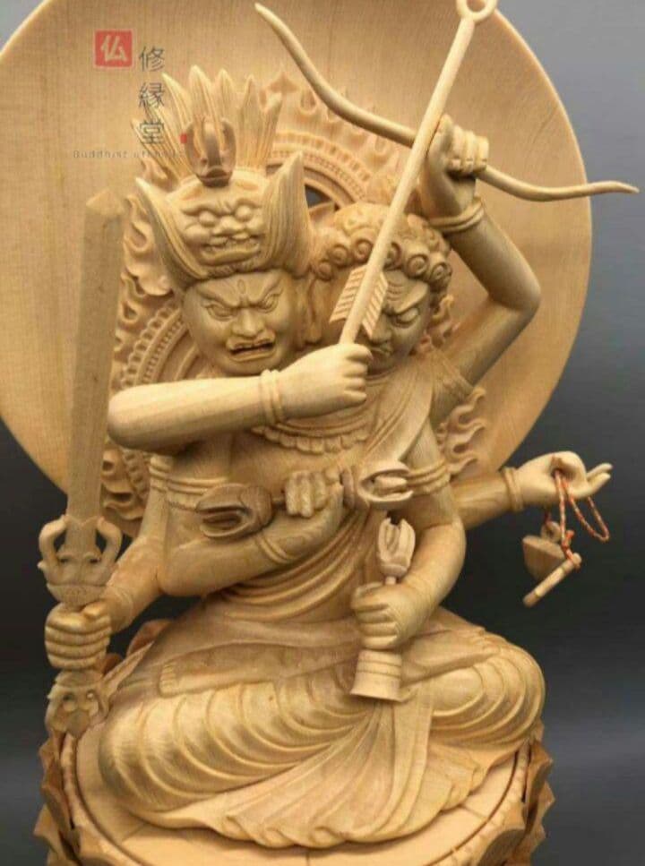 修縁堂】最高級 木彫仏像 双頭愛染明王座像 一刀彫 天然木檜材 彫刻