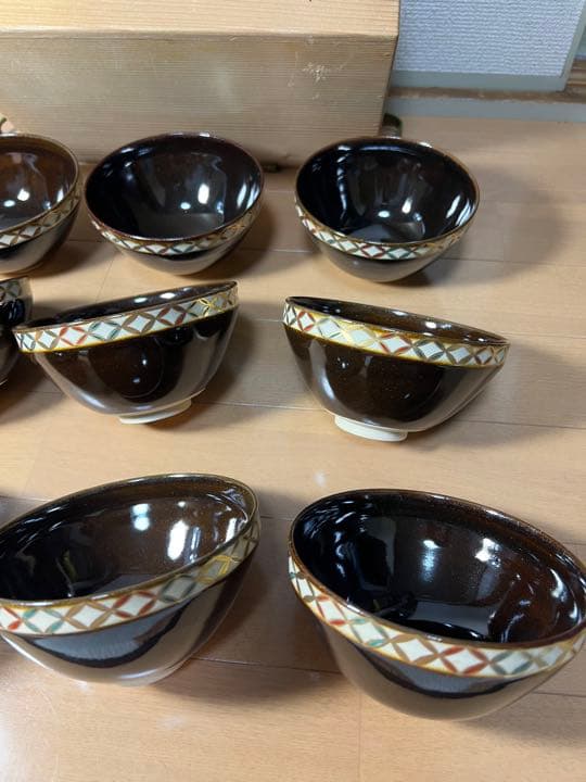 657 清栄寺窯 杉田祥平天目色絵七宝画茶碗9客未使用有田焼